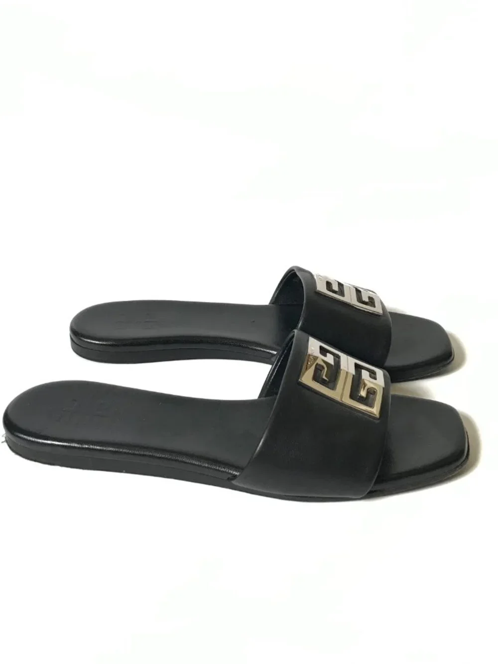 Givenchy 4G Flat Leather Slide Sandals Womens 36 6 Black Silver Logo Open Toe